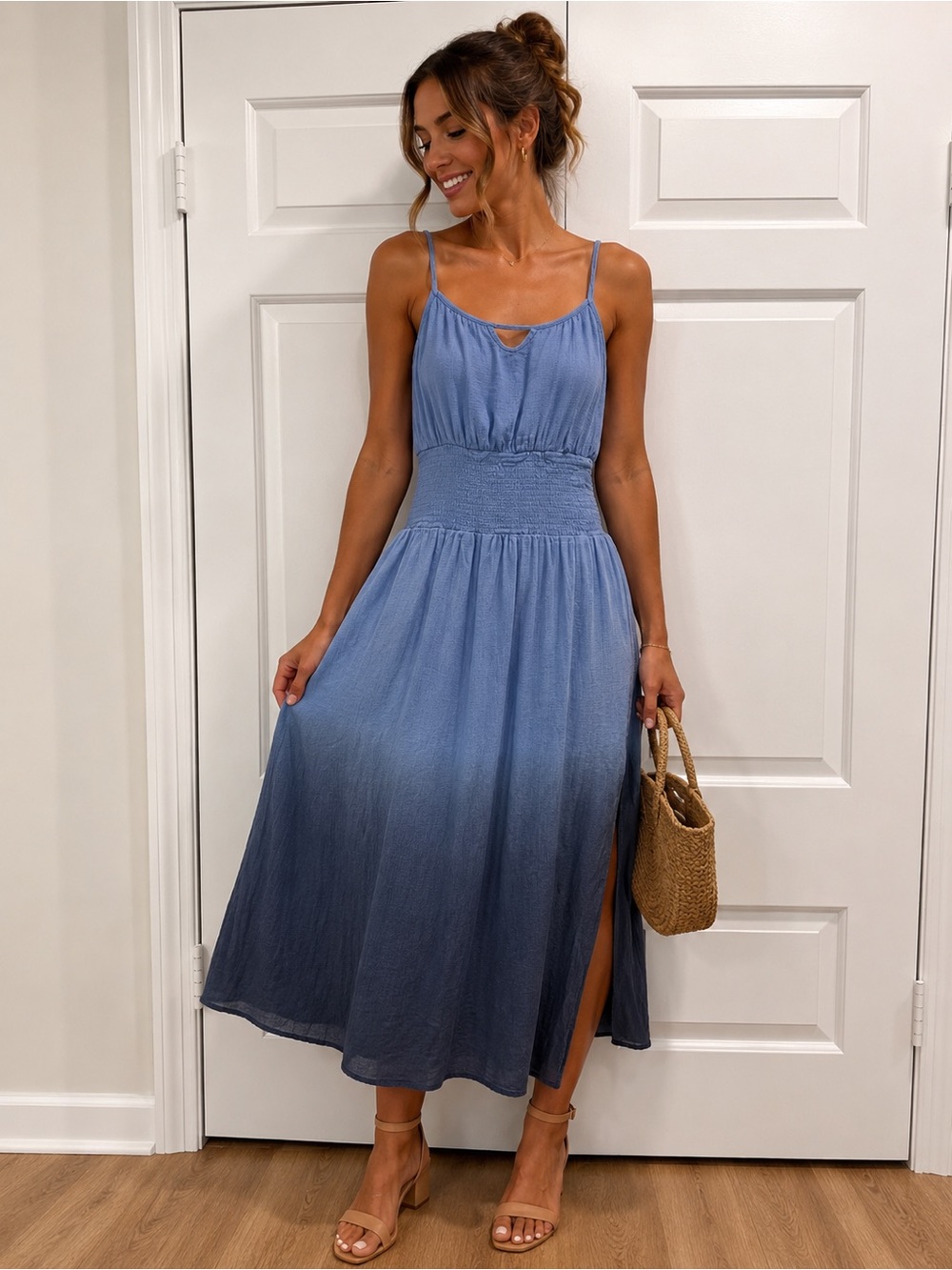 Light Blue Ombre Maxi Dress with Smocked Waist
